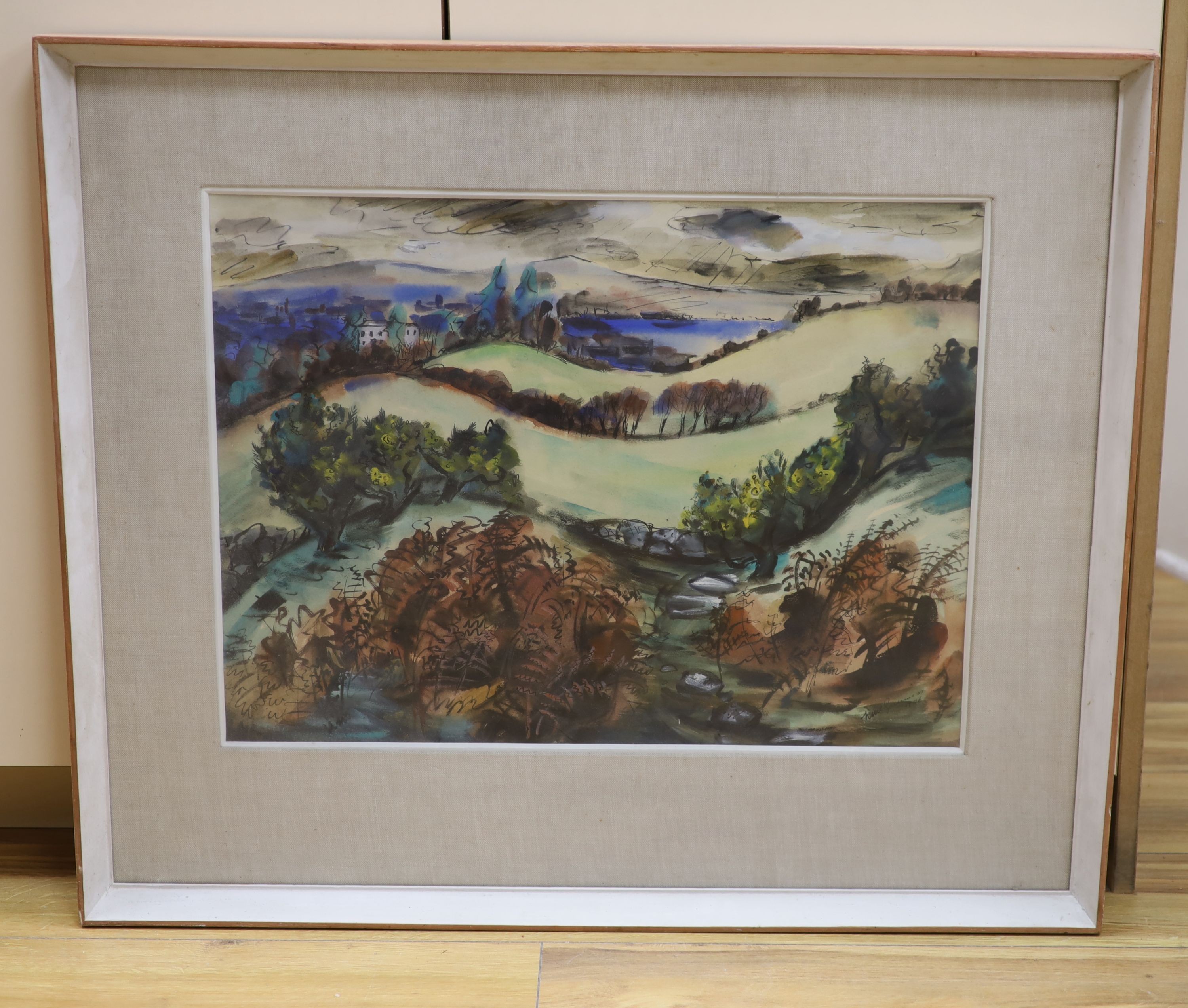 H. Guinness, ink and watercolour, Rolling landscape, signed and dated 1946, 41 x 54cm